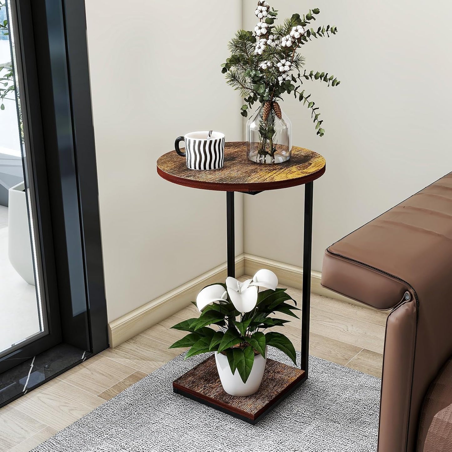 HDANI C Table End Table Set of 2,Round Side Table That Slide Under,C Shaped End Table for Couch,Small Table for Living Room,Bedroom,Rustic Brown