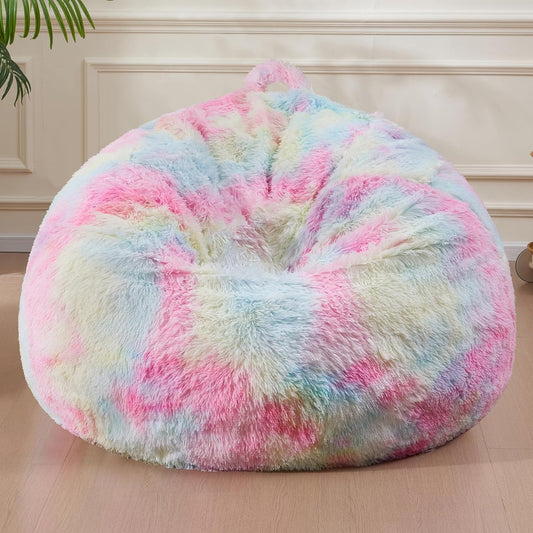 6FT Fur Comfy Bean Bag Cover for Living Room(No Filler), Big Fluffy Stuffed Animal Storage Bean Bag Chair Cover Rainbow, Furry Fuzzy Bean Bag Cover for Adults Kids Girls, Anti-Slip, Colorful