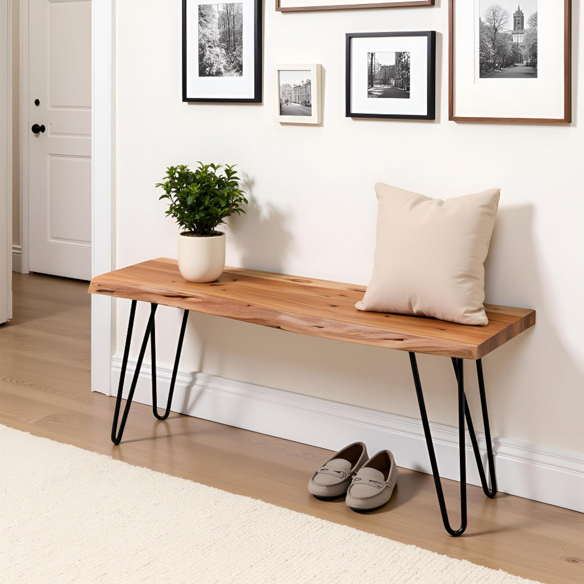 Alaterre Furniture 36-Inch Live Edge Wood Bench – Natural Acacia Wood Top with Metal Hairpin Legs – Sturdy and Easy to Assemble Rustic Modern Entryway or Accent Bench