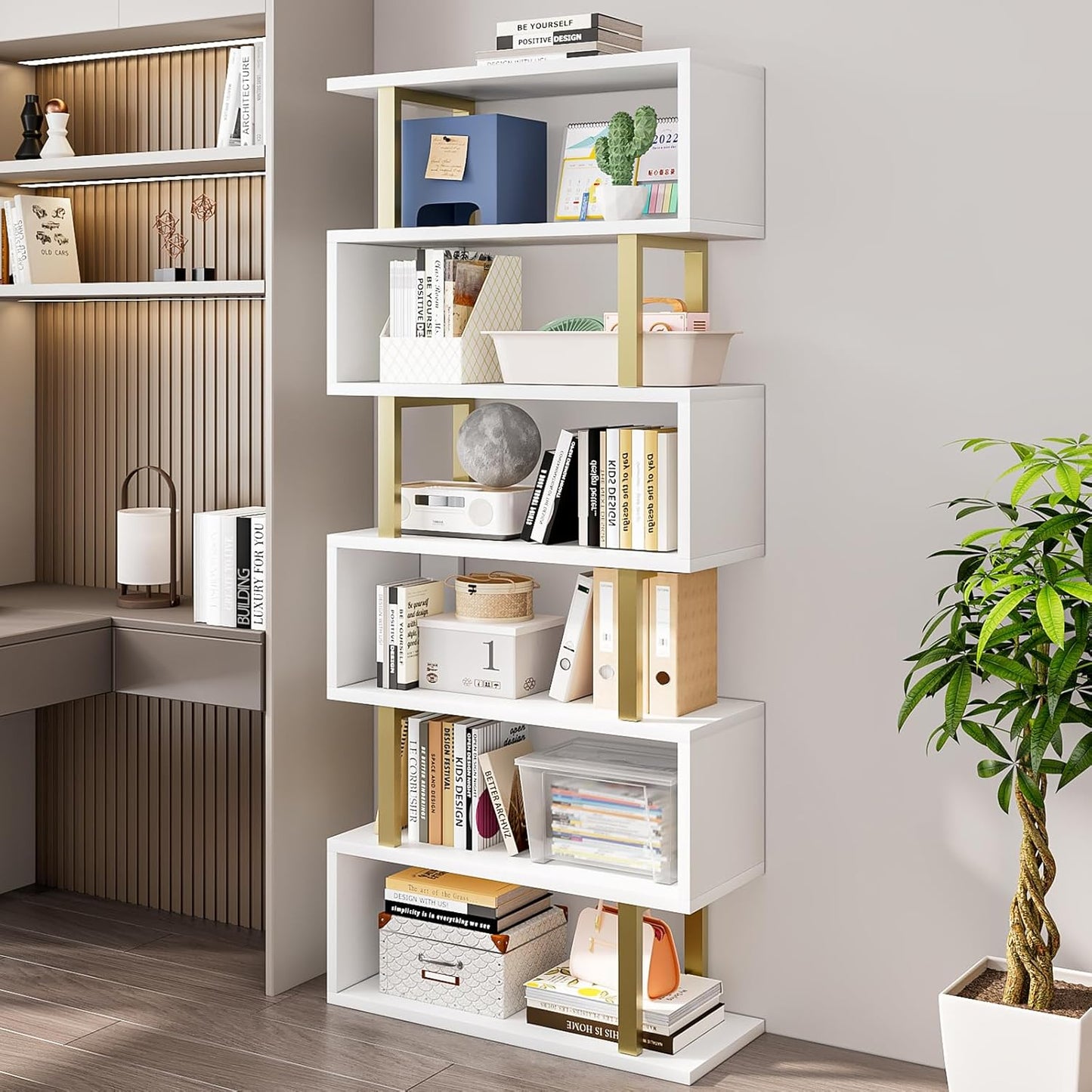 SORCEDAS Bookshelf Geometric Bookcase S Shaped Industrial Bookshelf Storage Display Stand Shelf for Living Room Bedroom and Office Room (White, 6 Tier)