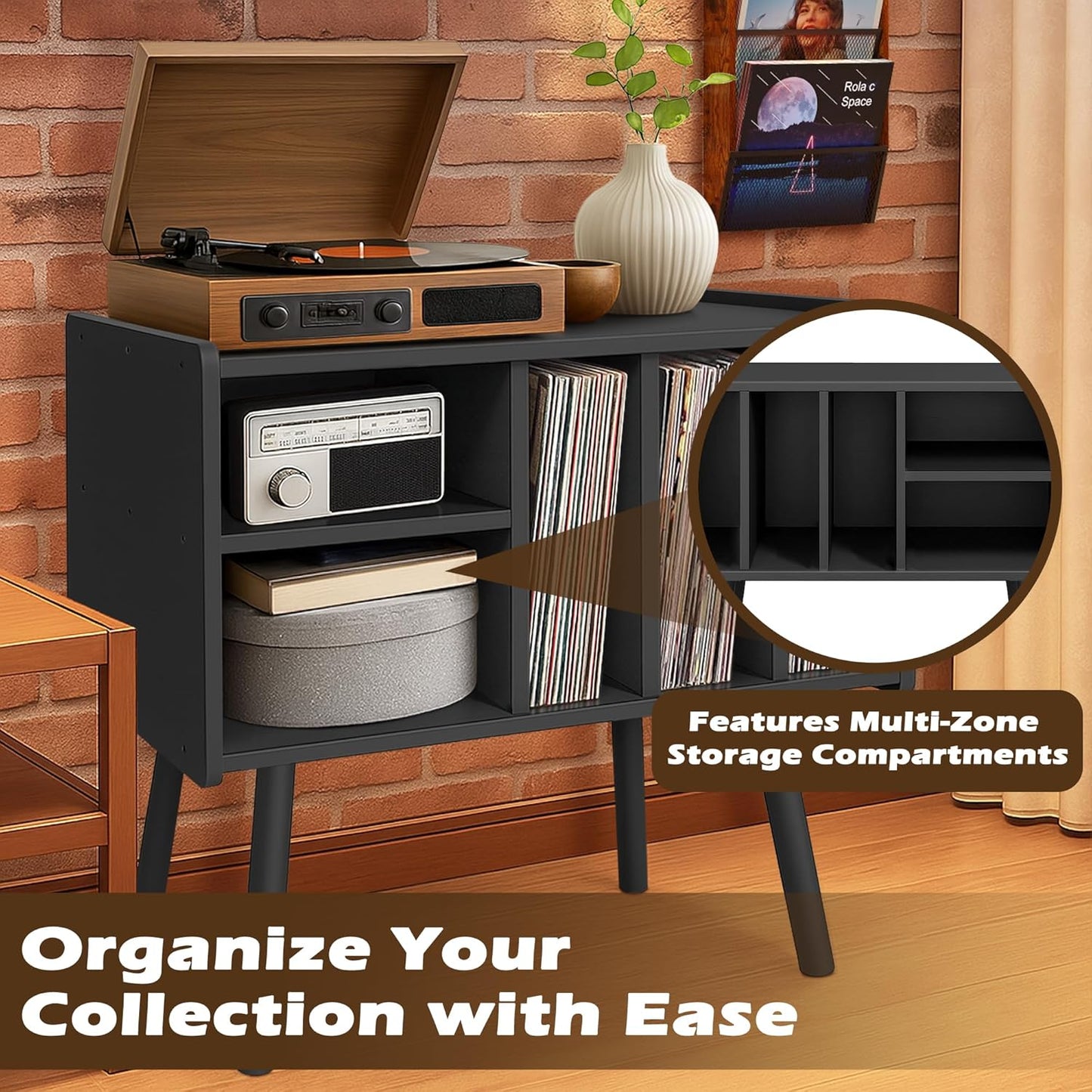 Record Player Stand with Vinyl Storage, Wooden Record Player Table with 5 Cabinet, Large Vinyl Record Player Stand, Record Player Holder, Record Player Shelf for Office Living Room, Black