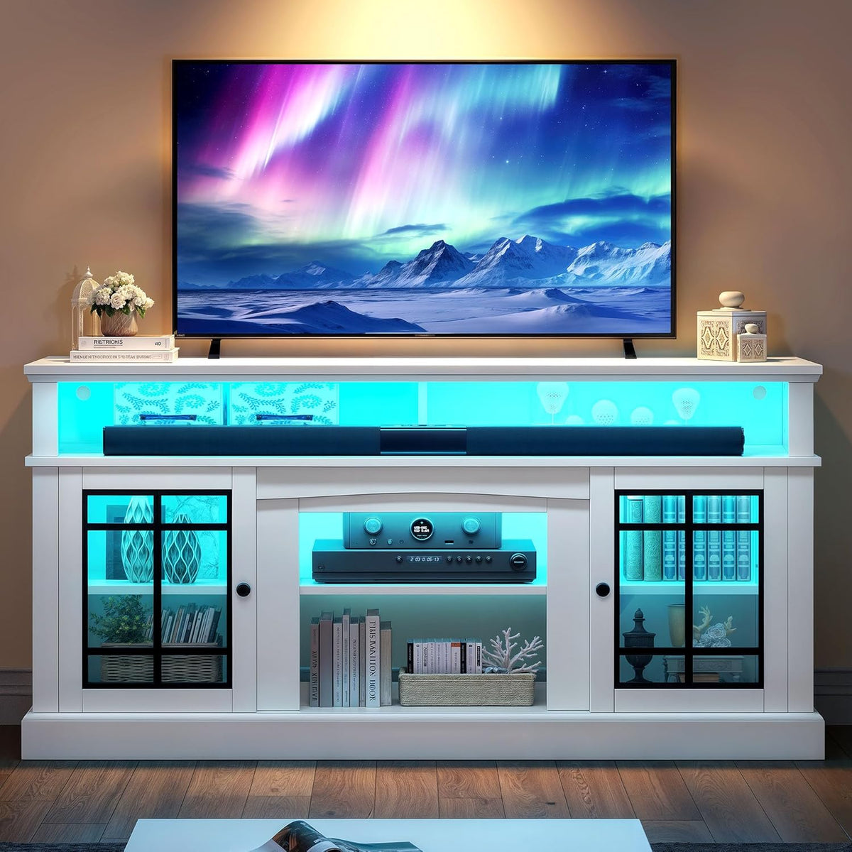 YITAHOME White TV Stand for 75 Inch TV, LED Modern Entertainment Center with Adjustable Shelves and Glass Doors, 32'' Tall Television Stands TV Media Console Table for Living Room, White