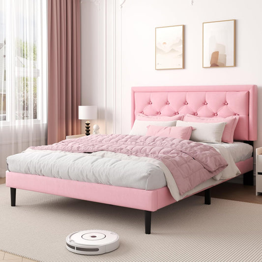 Queen Size Platform Bed Frame with Upholstered Velvet Button Tufted Headboard, Mattress Foundation with Wooden Slat Support, No Box Spring Needed, Easy Assembly, Noise Free, Pink