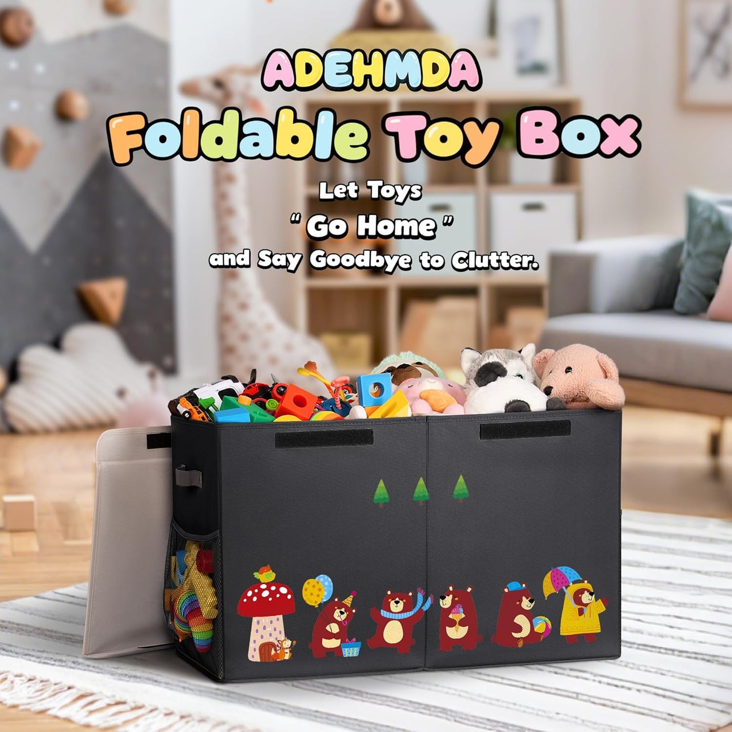 80L Large Toy Storage Box with Lid, Large Toy Box Chest for Kids, Girls and Boys, Nursery Room and Living Room, 26"x13" x16" (black-bear)