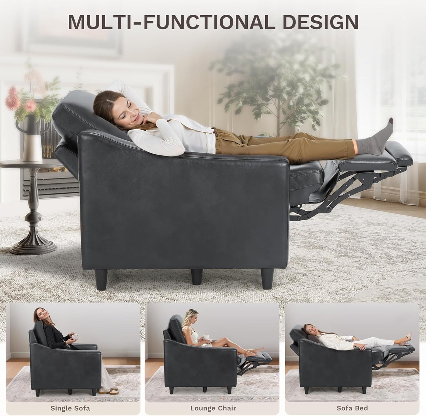 COLAMY Pushback Electric Recliner Chair, Premium Leather Upholstery with Adjustable Angles, Extra Lumbar Pillow, Built-in Charging Port, Business-Casual Style for Living Room（Black