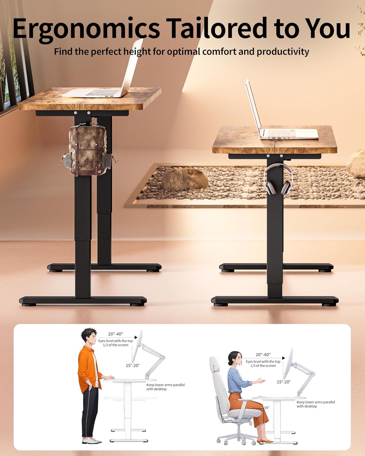 Standing Desk Electric Adjustable Computer Desk-Stand up Desk Office Gaming Home Office Memory Desks 48x24 inches Black Frame/Rustic Brown Top