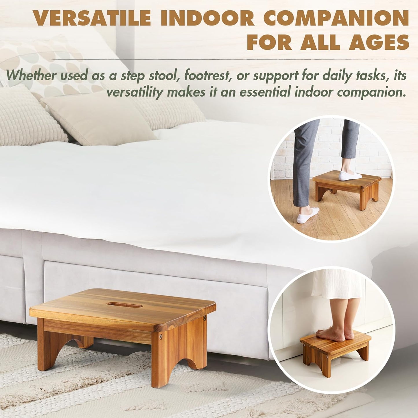 Wooden Step Stool, 6.5'' One Step Stool for Adults, Wooden Beside Step Support with 550 Lbs Load Capacity,Heavy Duty/Portable/Nonslip/Durable Construction Safe Step Platform for Bedroom/Kitchen