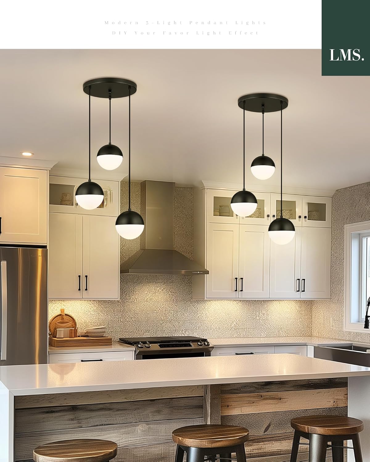 LMS Mid Century 3-Light Cluster Pendant Lights, Matte Black Kitchen Island Light Fixtures with White Globe Glass Shade, Adjustable Hanging Light for Home Office Bathroom Dining Room, LMS-186BK3