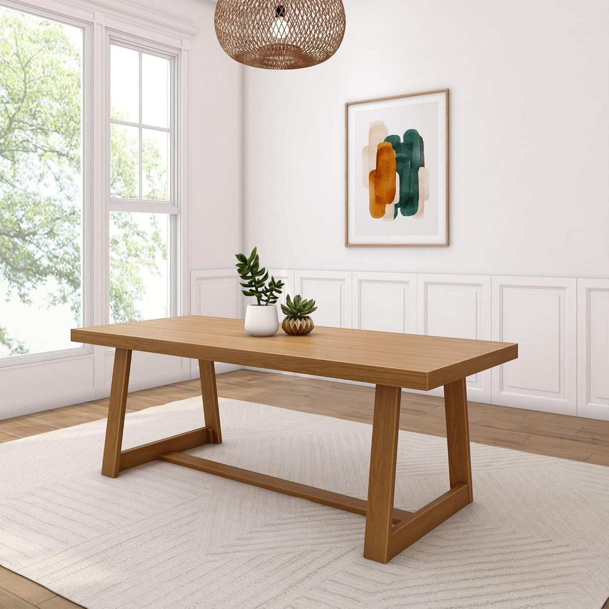 Plank+Beam 84 Inch Farmhouse Dining Table, Solid Wood Rustic Kitchen Table, Large Wooden Rectangular Dinner Table for Dining Room, Home Office, Living Room Furniture, Easy Assembly, Pecan Wirebrush