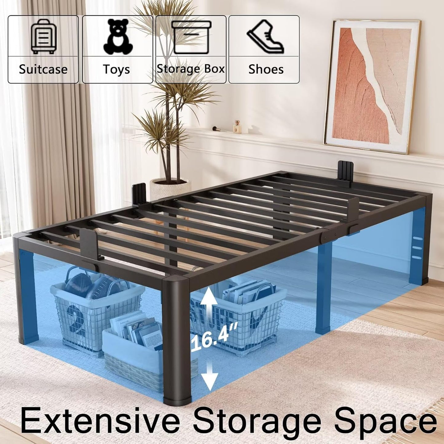 FUIOBYVV 18 Inch Twin XL Bed Frame with Rounded Corner and Headboard Hole Mattress Retainers 3500 LBS Metal Heavy Duty Steel Slats Support No Box Spring Needed Platform Noise Free Easy Assembly