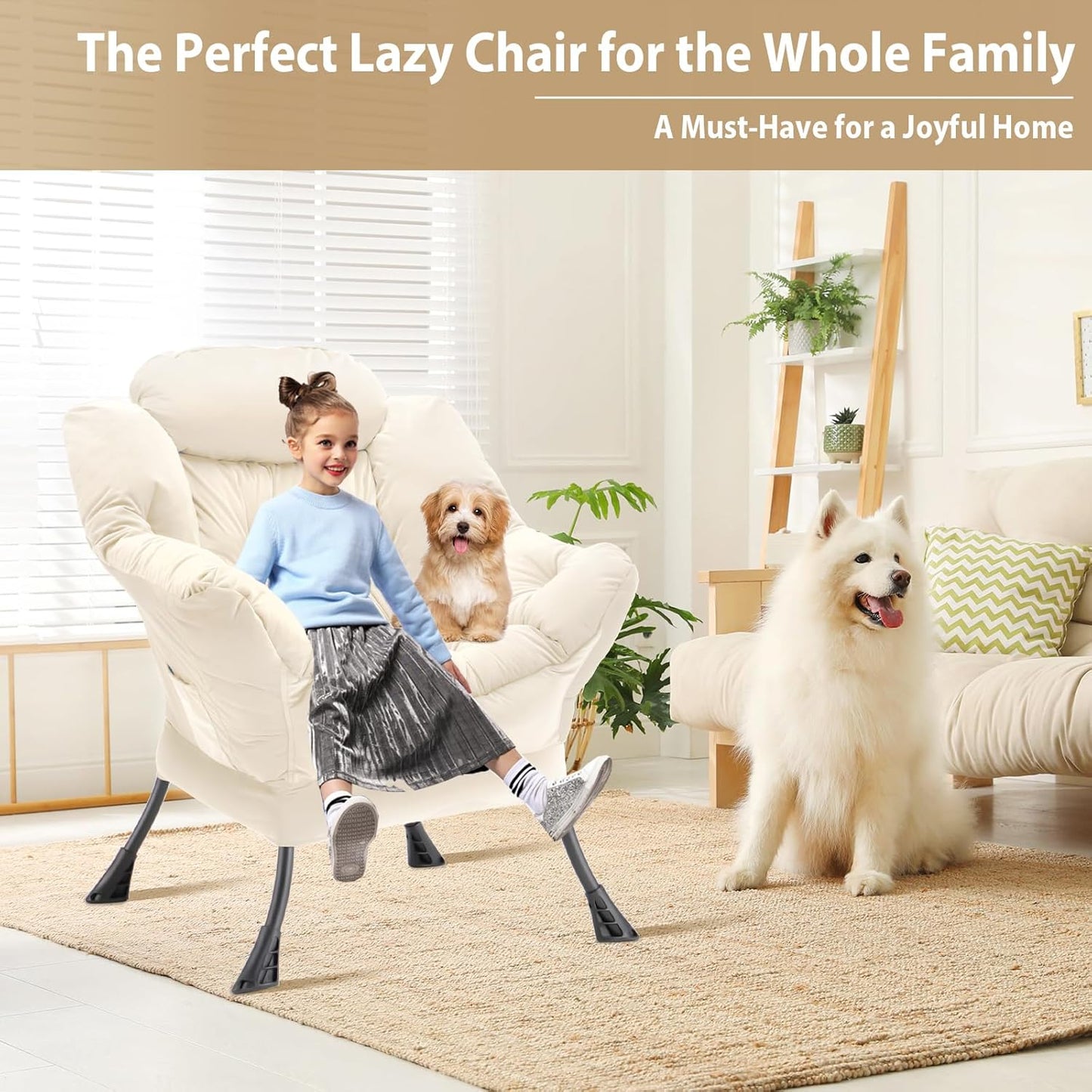 Lazy Chair Thick Padded, Comfy Velvet Accent Lounge Chair with Stable Frame, Leisure Sofa Armchair with Armrests and Side Pocket, Reading Chair for Bedroom, Living Room, Office, Beige