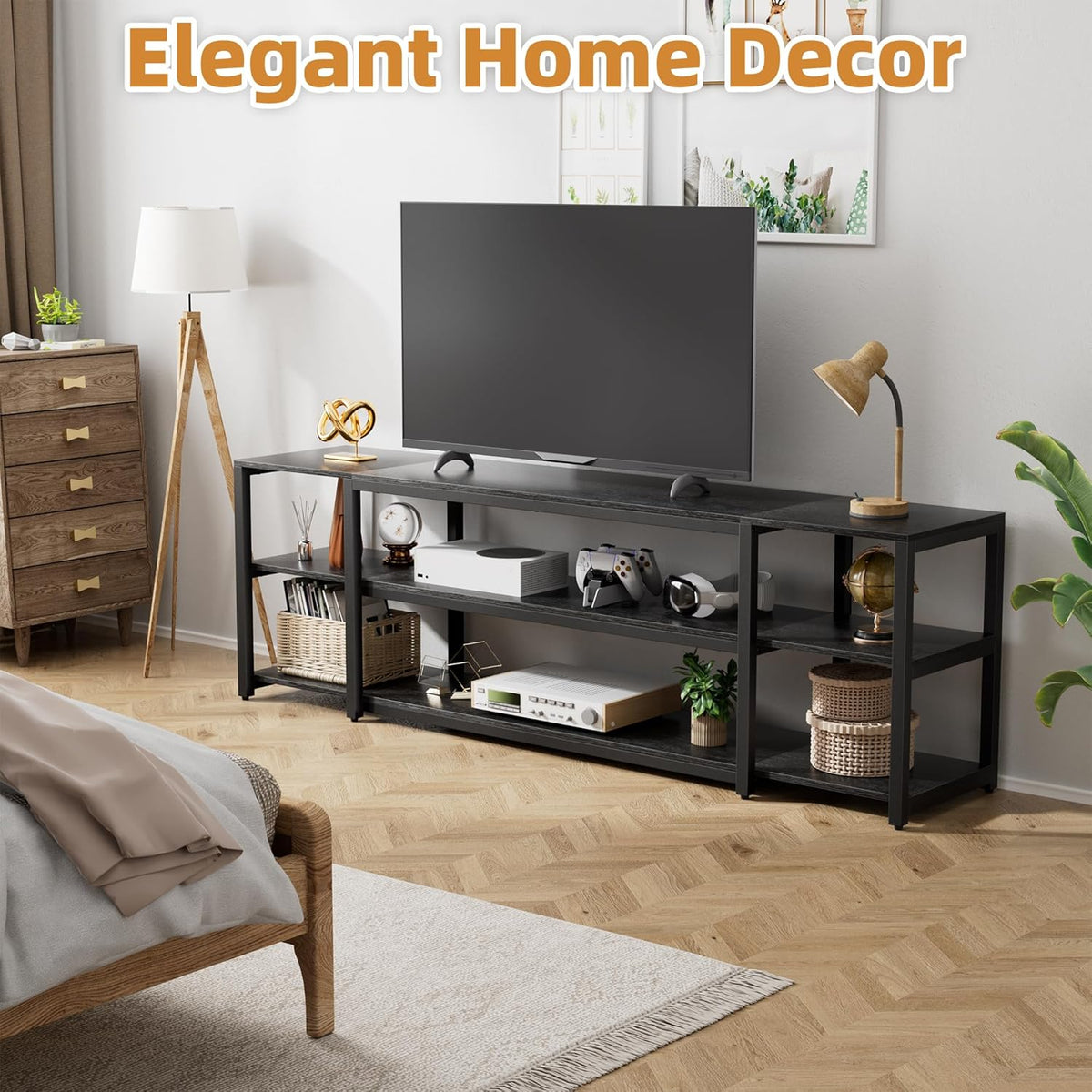 Aquzee 85 inch TV Stand, Entertainment Center for 70 75 80 85" TV, 75.2" Wide Wood Television Console Table for Living Room Bedroom Gaming Room, Black