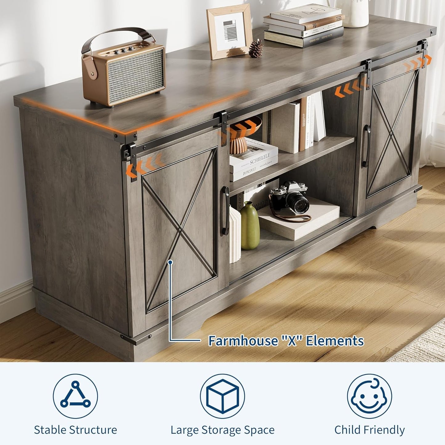 Farmhouse 59" TV Stand Up to 65 Inches, Mid Century Modern TV Entertainment Center with Storage Cabinets & Open Shelves, Wood TV Cabinet for Living Room, Grey