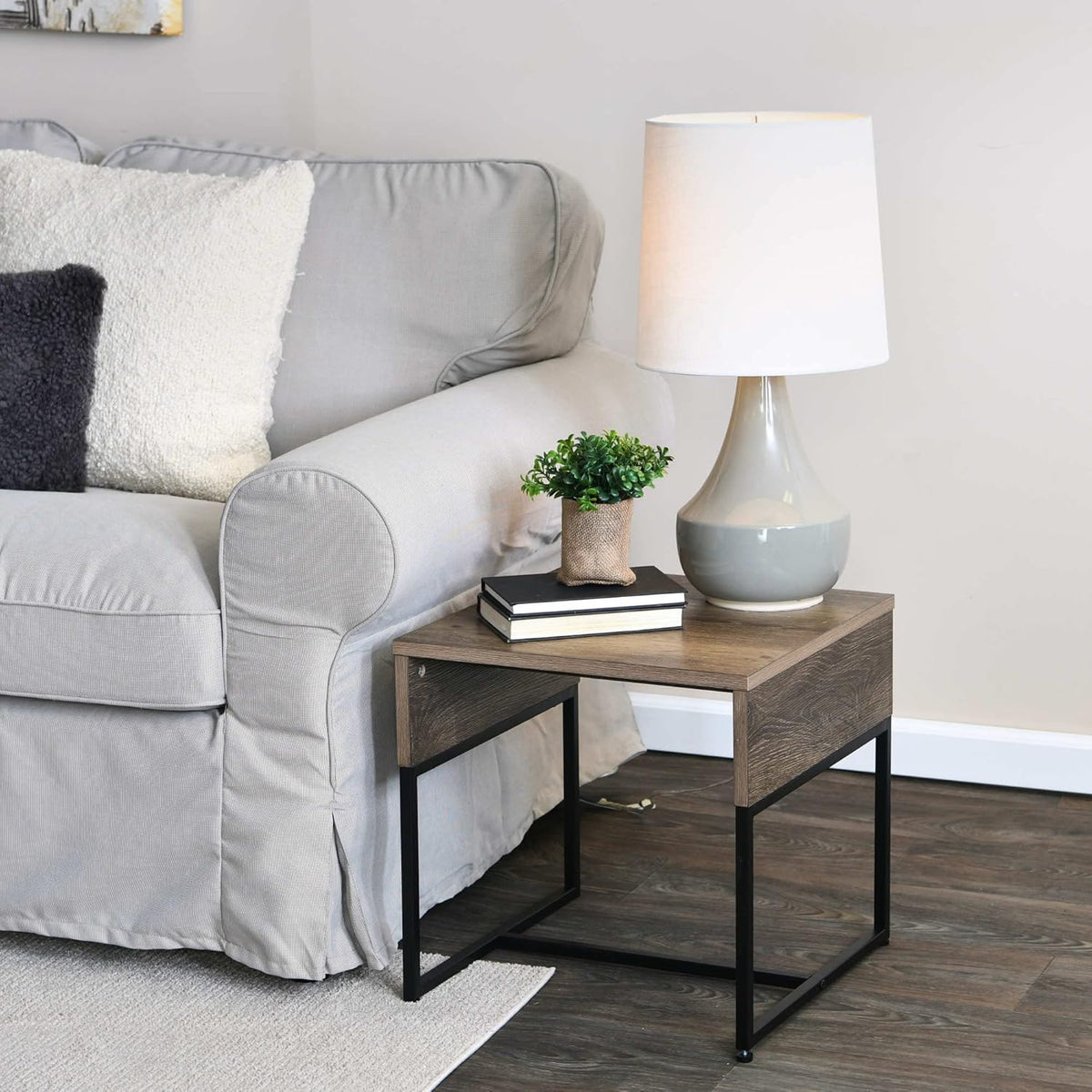 Household Essentials Wrap Square Side End Table Ashwood Rustic Wood Grain and Black Metal