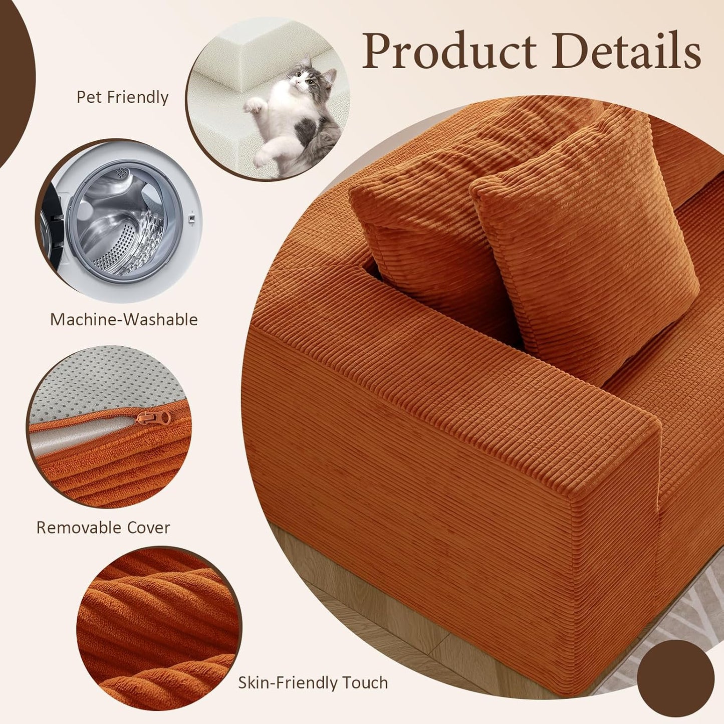 INGEROOM 108" Cloud Sectional Couch with L-Shape Chaise, Modular Sofa Memory Foam, Boneless Sofa with Movable Ottoman, Upholstered Couches for Living Room Bedroom, No Assembly Required, Orange