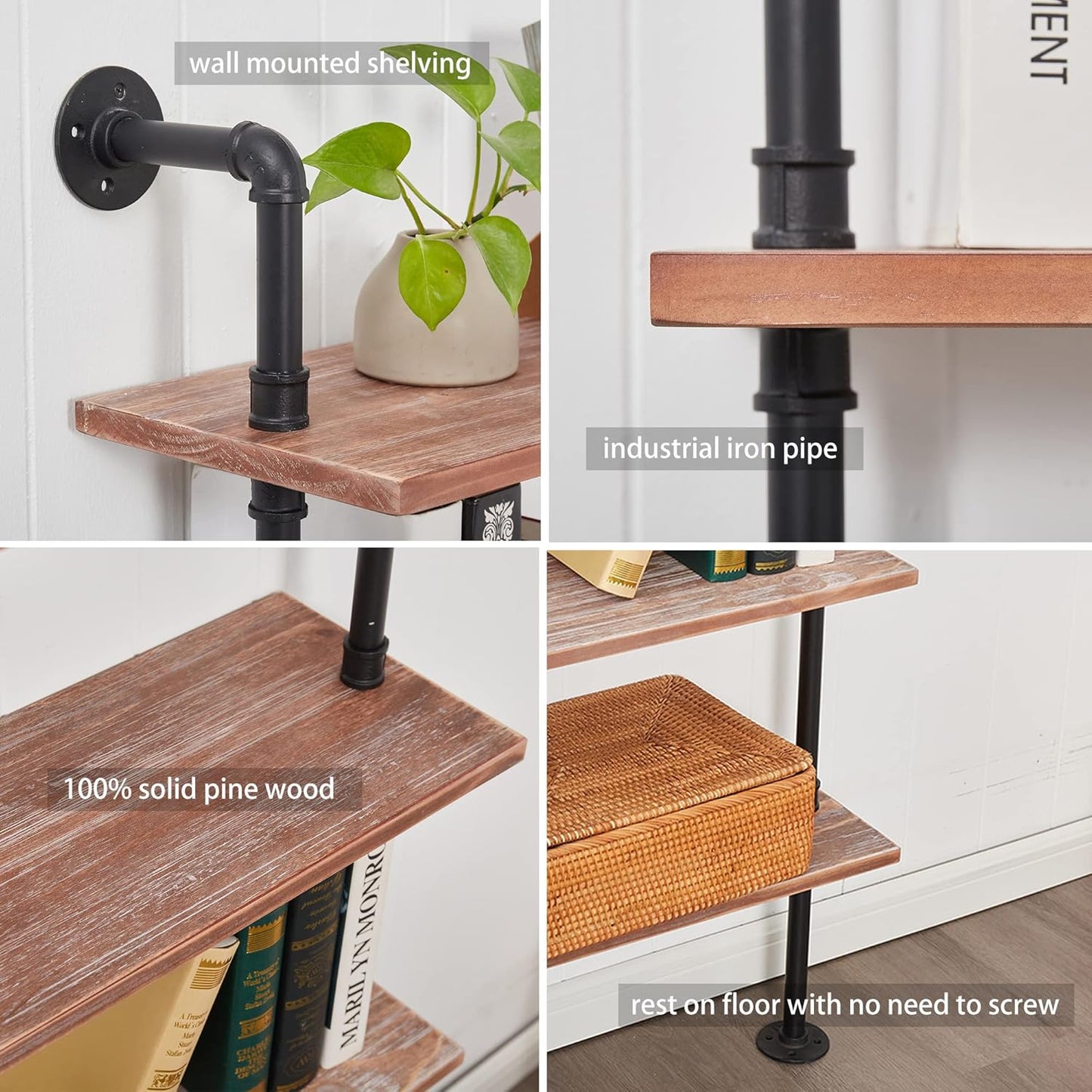 Industrial Ladder Pipe Shelf, Wall Mounted Wood Metal Bookshelf for Living Room Storage (Weathered Brown, 6 Tier - 10" D x 48" W x 82.5" H)