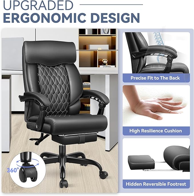 Office Chair, Big and Tall Office Desk Chair, Reclining Office Chair with Footrest Home Office Desk Chairs, High Back Ergonomic with Lumbar Support, Executive Leather