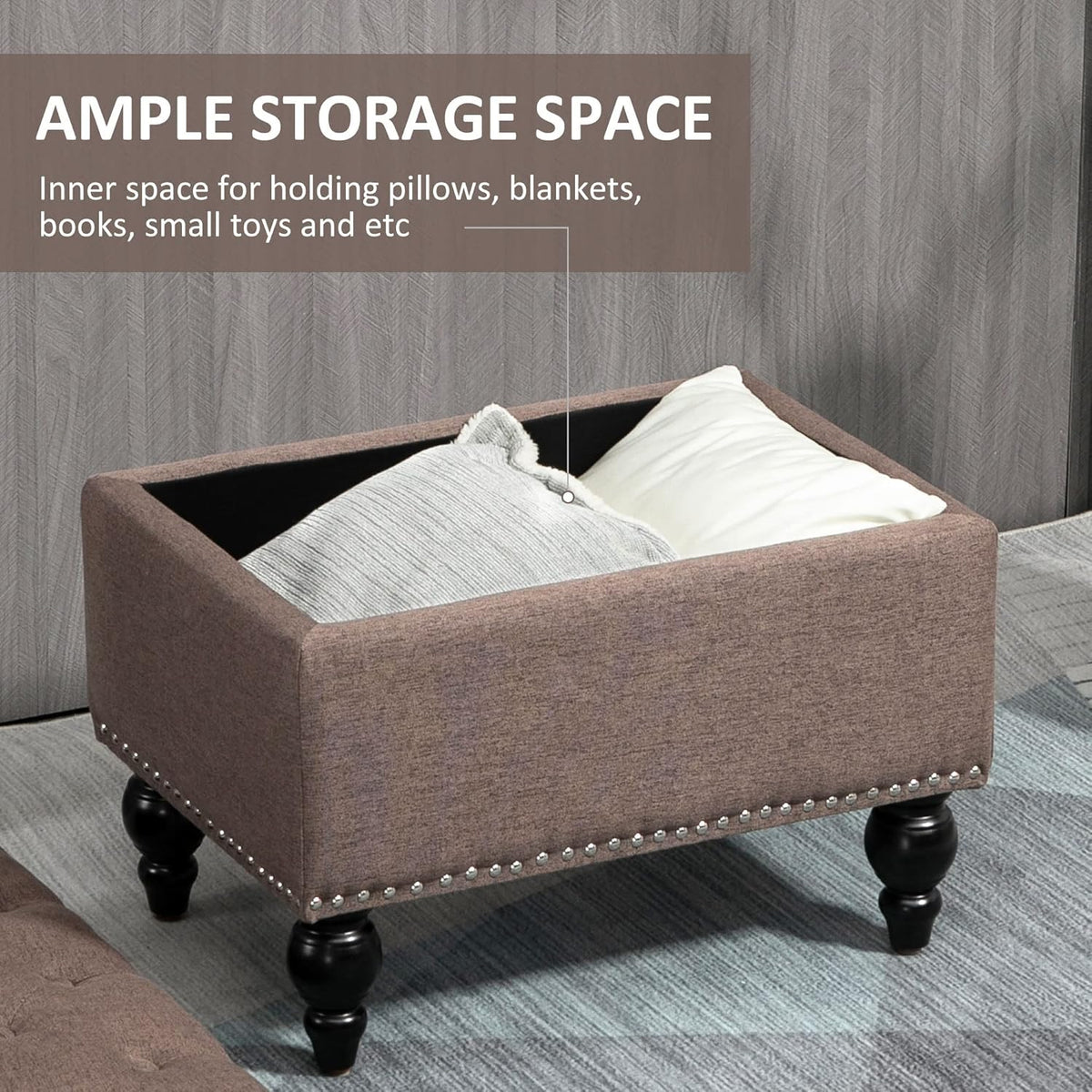 HOMCOM Ottoman with Storage for Living Room, 25" Storage Ottoman with Removable Lid, Button-Tufted Fabric Bench for Footrest and Seat with Wood Legs, Coffee