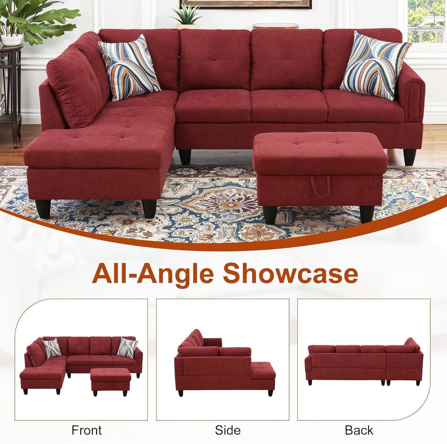 Osparple L Shaped Couch Sectional Couches for Living Room Upholstered Fluffy Fabric 3 Pieces Modular Sectional Sofa with Chaise, Ottoman with Storage for Living Room and Small Apartment, Red