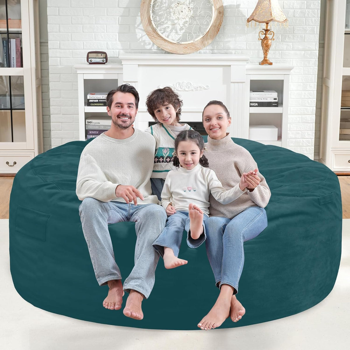 6FT Bean Bag Chair, Large Bean Bag Chairs with Memory Foam Filled, Fluffy Beanbag Sofa with Dutch Velvet Cover, Round BeanBag Chairs for Living Room, Playroom - Sea Blue
