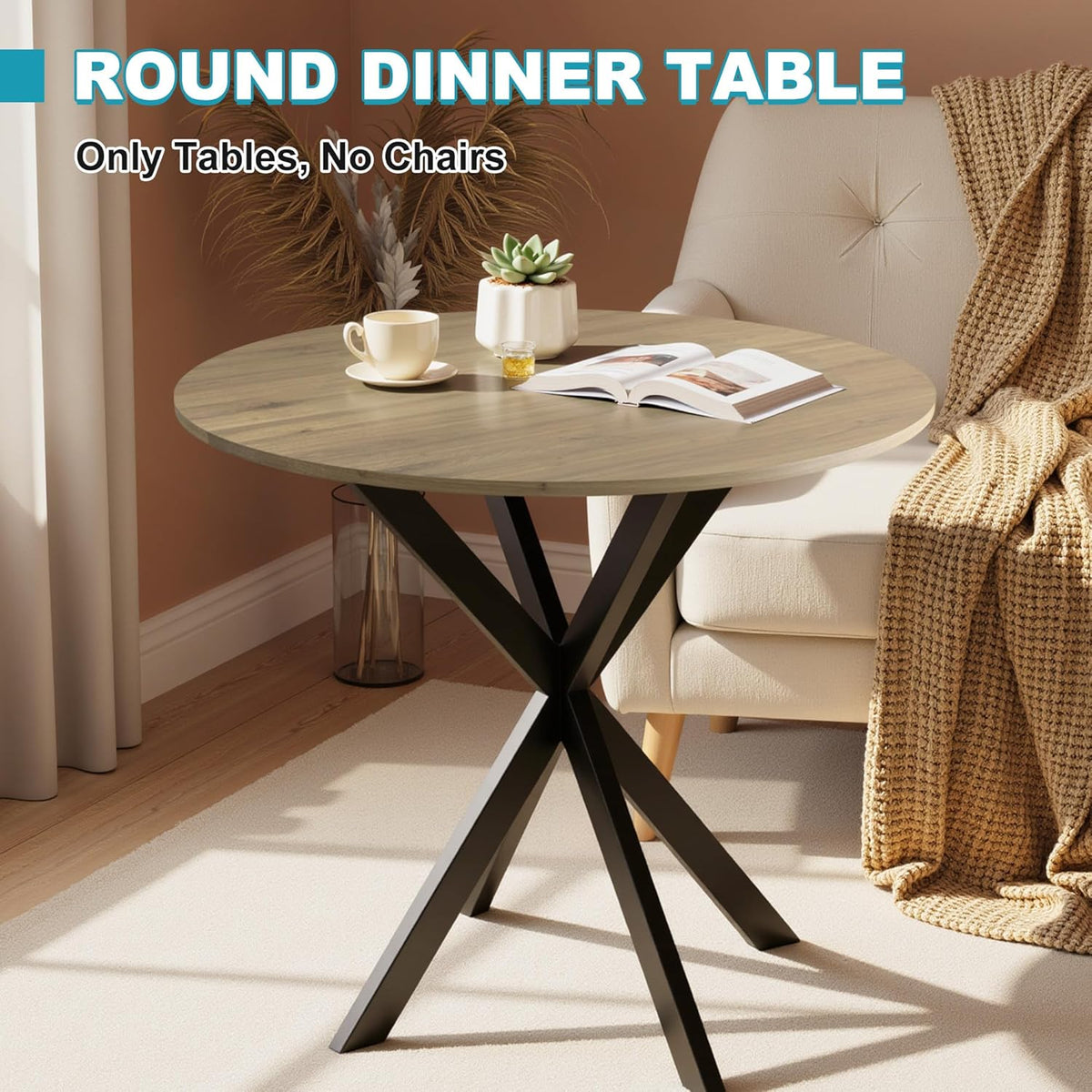 31.5" Round Dining Table for 4, Modern Small Dinner Table Farmhouse Round Kitchen Tables with Metal Legs for Dining Room, Kitchen, Living Room, Rustic Brown & Black