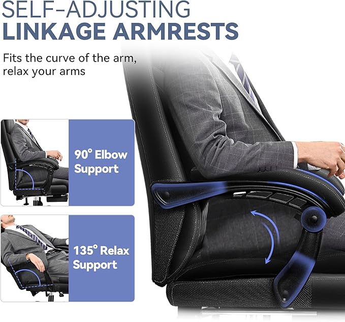 Office Chair, Big and Tall Office Desk Chair, Reclining Office Chair with Footrest Home Office Desk Chairs, High Back Ergonomic with Lumbar Support, Executive Leather