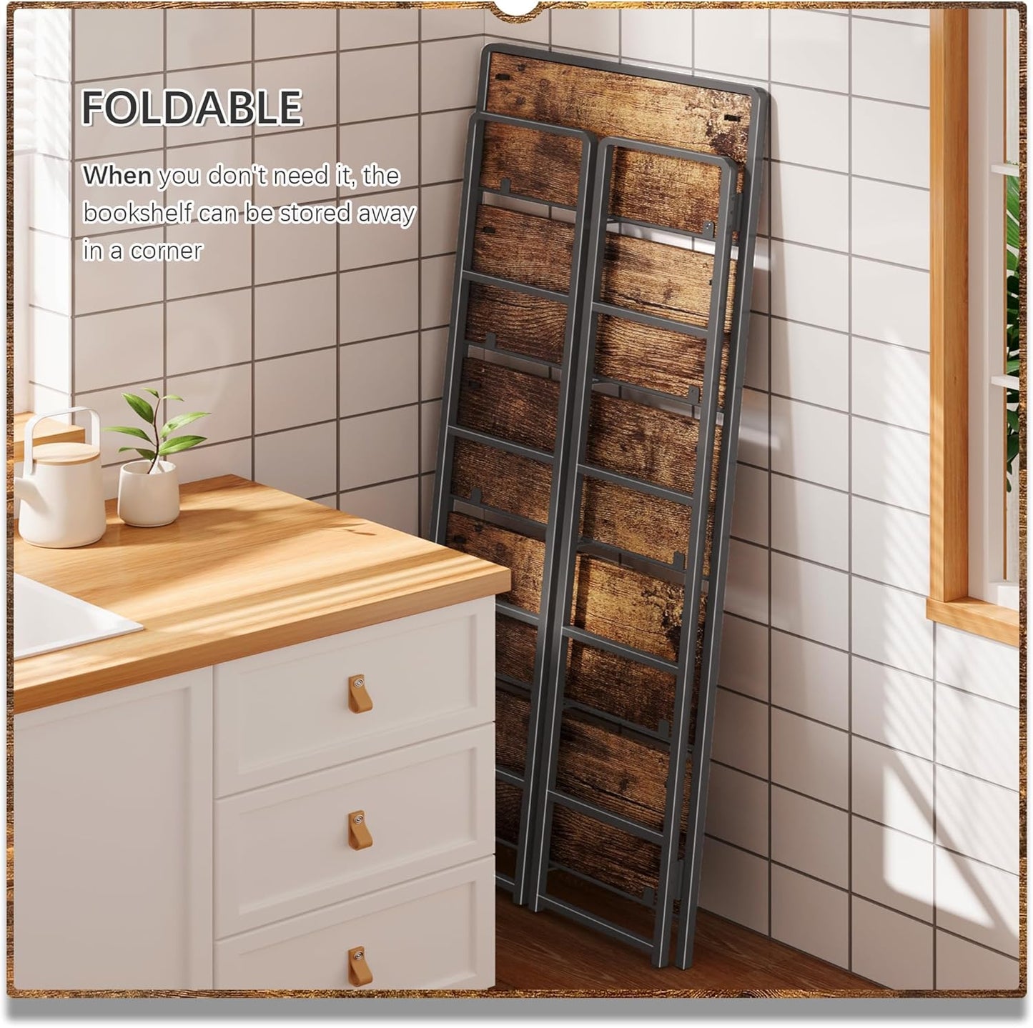 4NM No-Assembly 5 Tiers Folding Bookshelf Storage Shelves Vintage Bookcase Standing Racks Study Organizer Home Office (Rustic Brown Black)