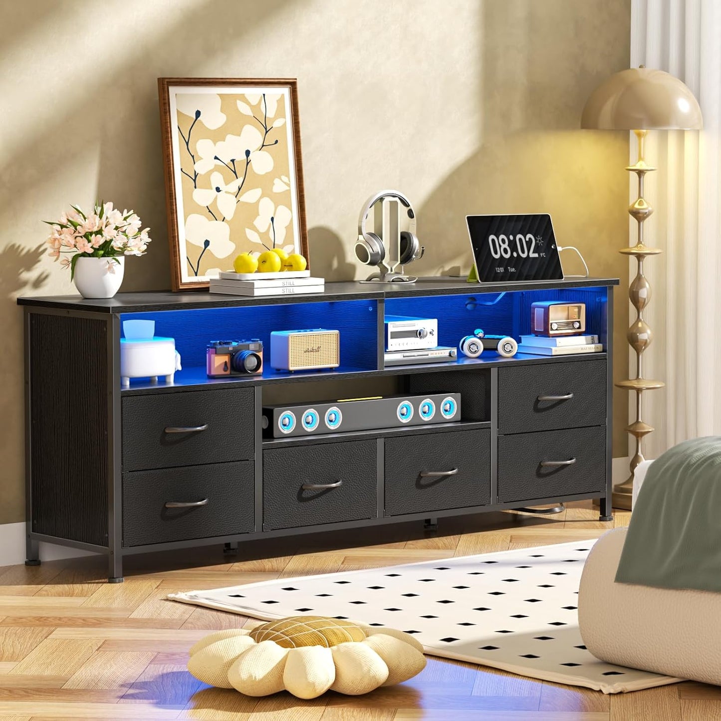 Furologee 55" LED TV Stand for Bedroom with Power Outlets, Entertainment Center with 6 Fabric Drawers for 50/55/60 inch TVs, Dresser TV Stand Long Console Media Table for Living Room, PU Black