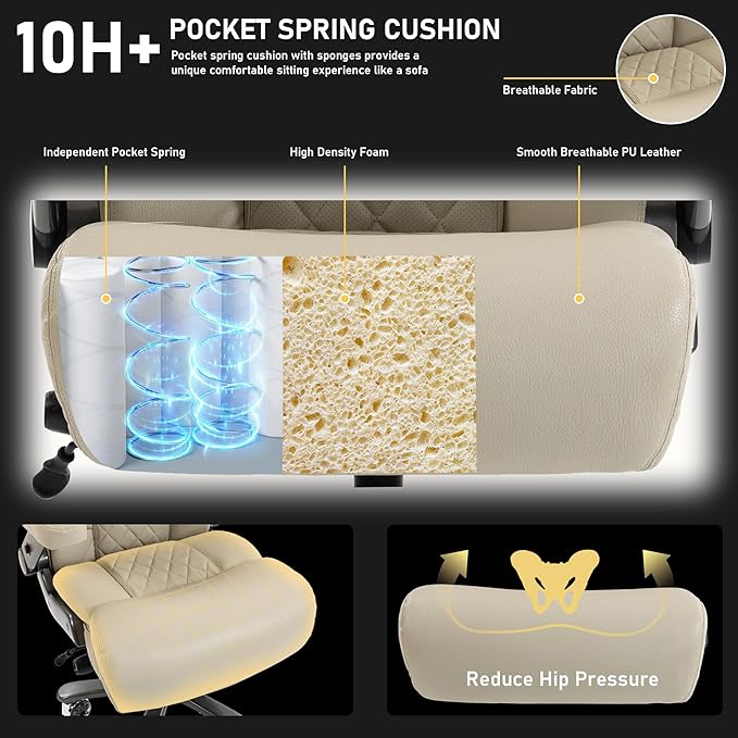 DYHOME 700LBS Heavy Duty Office Chair with 4d Armrest, Big and Tall Office Chair, Ergonomic Computer Chair with Airbag Lumbar Support, Wider Thicker Seat Cushion, PU Comfy Office Desk Chairs, Beige