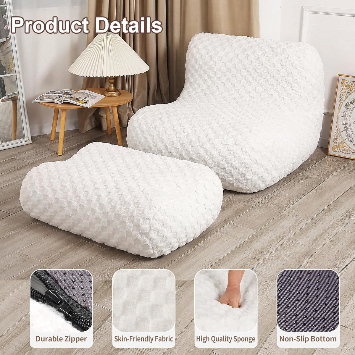 Bean Bag Chair with Footstool, Comfy Reading Sofa Chair for Adults, Modern Floor Sofa for Livingroom, Bedroom, Cream