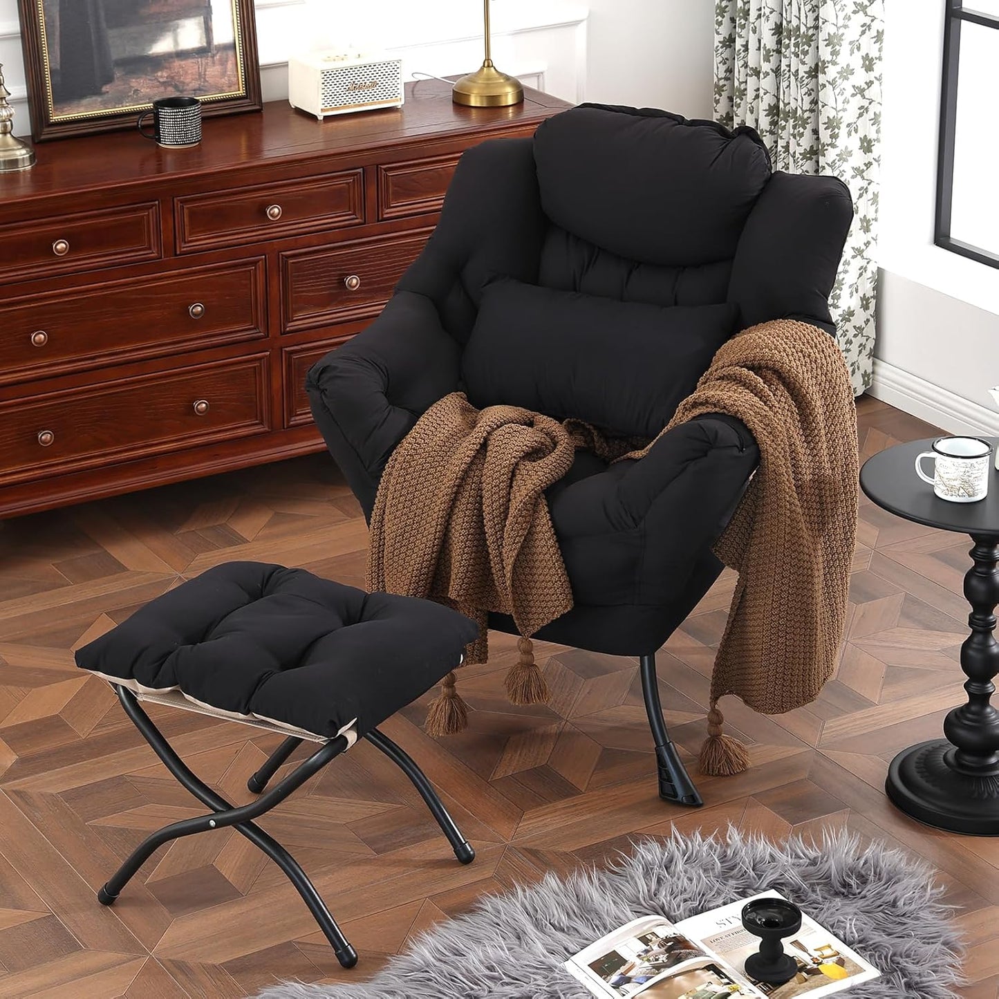 Lazy Chair with Ottoman, Modern Accent Chair with Lumbar Pillow, Comfy Chairs with Folding Footrest for Bedroom, Reading, Oversized Supportive Lounge Chairs(Black)