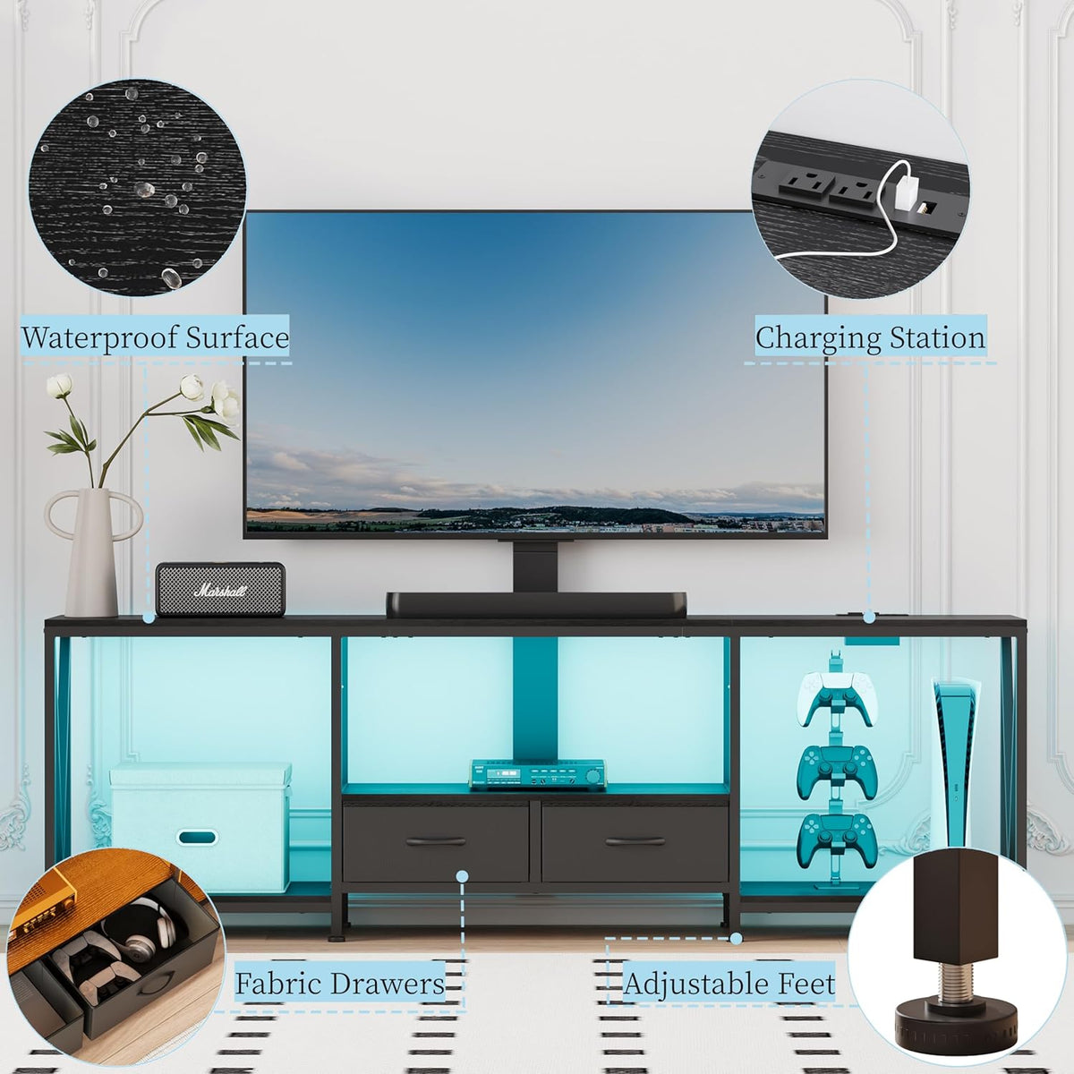 63" W TV Stand with Mount for 50,55,65,75" TV,Entertainment Center with Power Outlet and Led Lights,Height Adjustable TV Console Table with Open Storage Shelves and Fabric Drawers (Black)