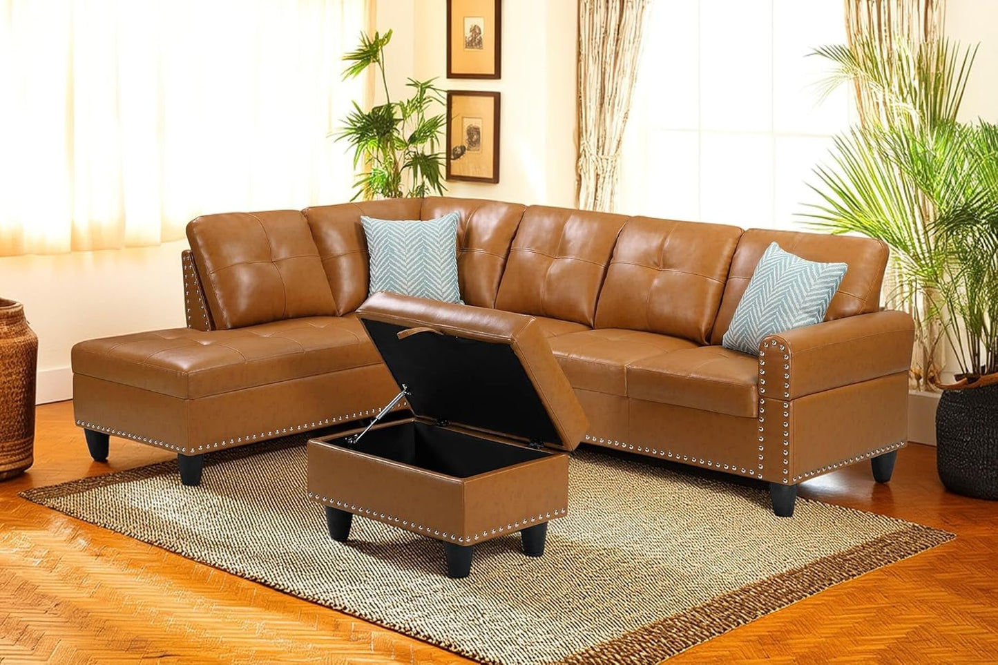 98 Inch L Shaped Sectional Sofa with Chaise Lounge, Storage Ottoman and 2 Pillows, 4-Seaters Faux Leather Upholstered Tufted Couch w/Cupholder & Nailhead Trim for Living Room, Office, Ginger