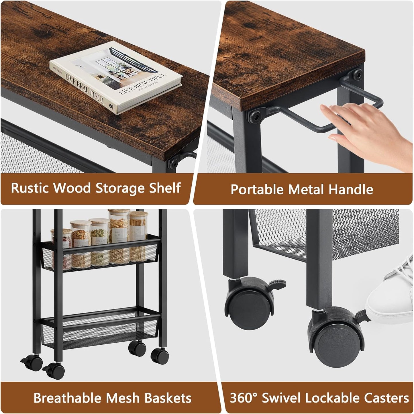 Hoctieon Slim Rolling Storage Cart, 4-Tier Narrow Kitchen Storage Cart with Handle & Wheels, Mobile Shelving Unit, Wooden Top & Metal Frame, Utility Cart for Kitchen, Small Spaces, Rustic Brown