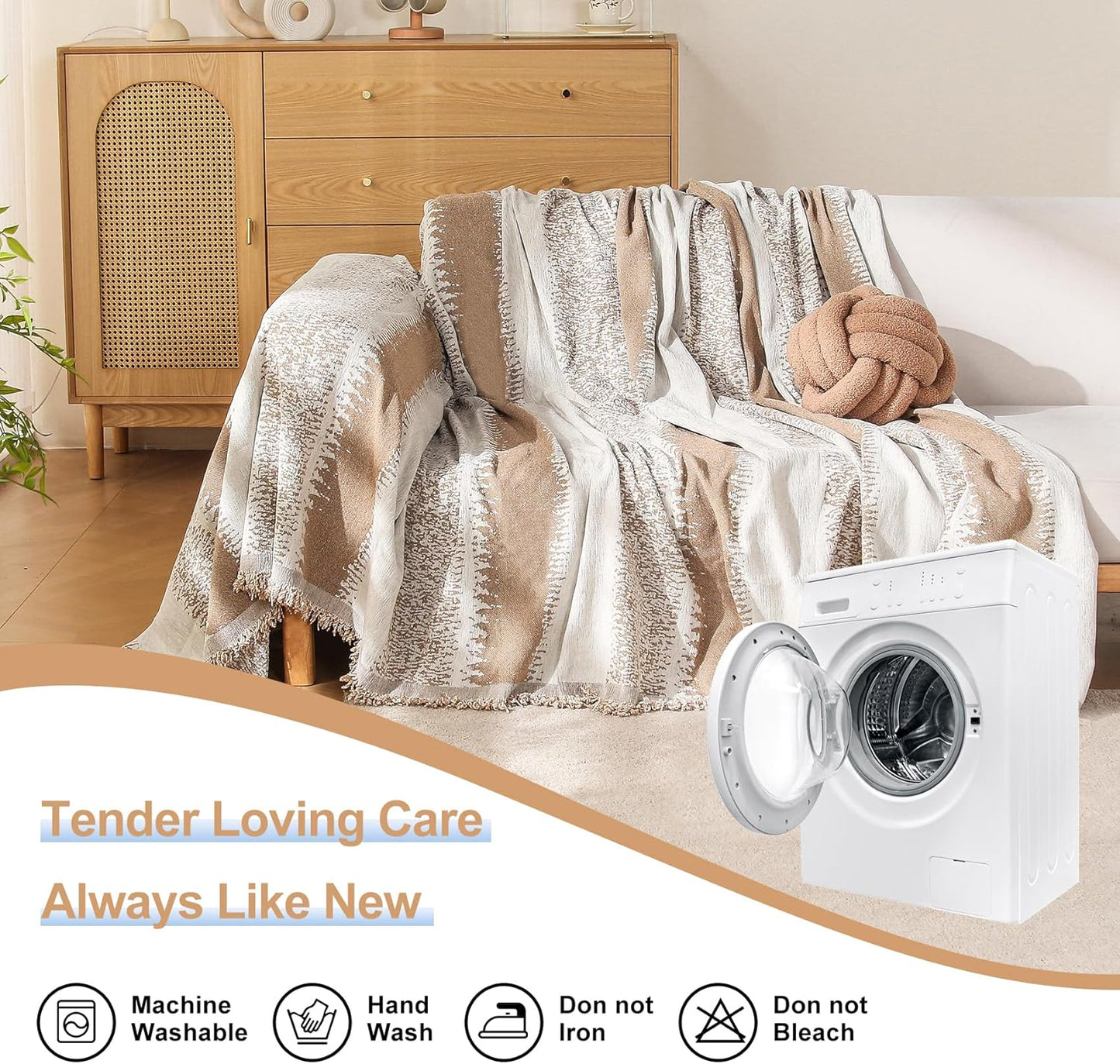 Boho Couch Cover, Sofa Cover, Sofa Covers for 2 Cushion Couch, Washable Sectional Couch Covers for Dogs Pet Furniture Protector Couch Cover Blanket for Living Room (1# Khaki, 71" x 118")