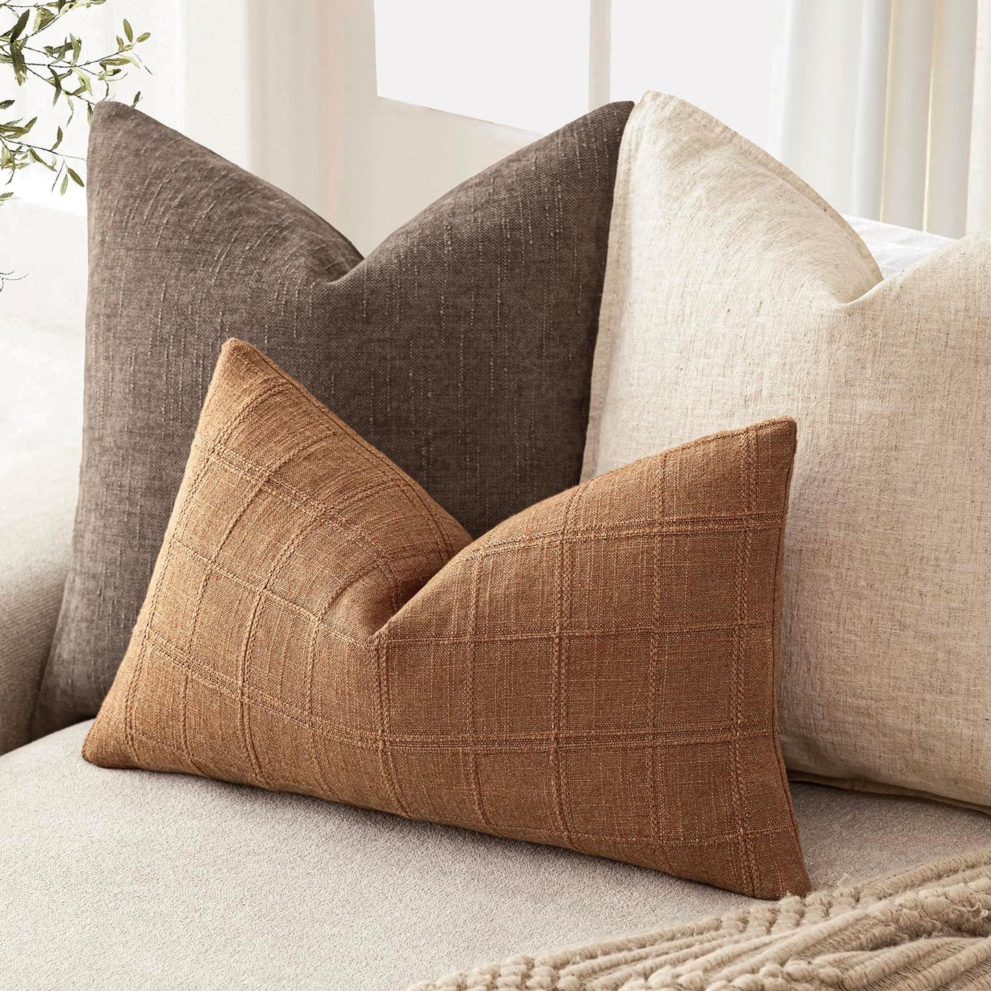 Foindtower Set of 2 Decorative Linen Check Throw Pillow Covers Neutral Farmhouse Lumbar Cushion Covers Modern Boho Home Decor for Sofa Chair Couch Bedroom Living Room Outdoor,12×20 Inch,Brick