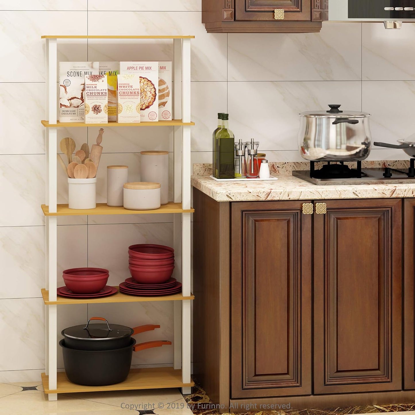 Furinno Turn-N-Tube 5-Tier Multipurpose Shelf / Display Rack / Storage Shelf / Bookshelf, Square Tubes, Beech/White