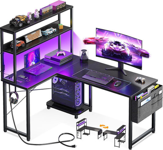 AODK L Shaped Desk Gaming Desk with LED Light & Power Outlet, 43 Inch Reversible L Shaped Computer Table with Shelf, Corner Desk with Storage Bag&Hook for Home Office Desk, Black