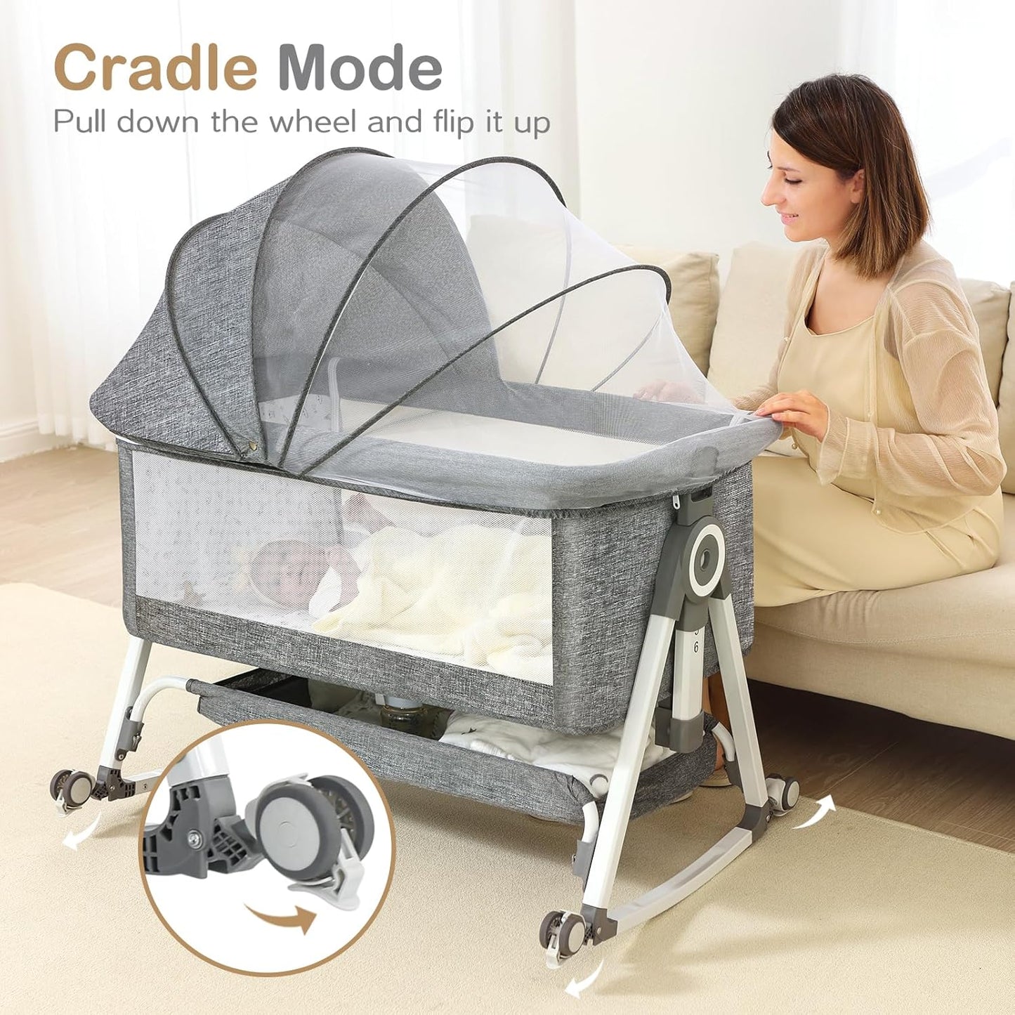 Baby Bassinet, Bedside Bassinet for Baby, 4 in 1 Bassinet Bedside Sleeper with Locked Wheels, Mosquito Net, Adjustable Easy Folding Portable Crib for Infant Newborn, Grey