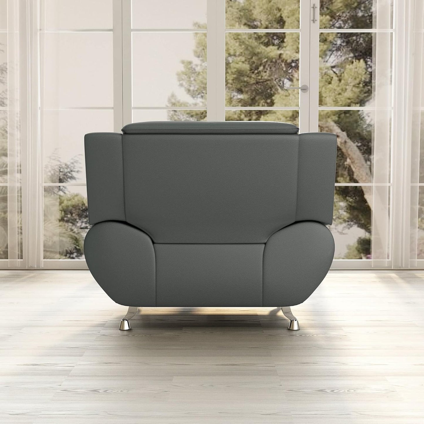 Container Furniture Direct Michael Modern Faux Leather Upholstered Stainless Steel Legs Living Room Sofa, Chair, Sleek Gray