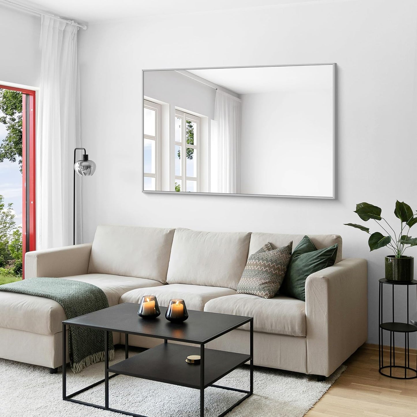 KOCUUY Large Silver Bathroom Mirror, 55x36 inch Rectangular Mirror for Bathroom Sink, Oversized Mirror with Metal Brushed Nickel Frame for Living Room, Farmhouse, Entryway, Hang Horizontal/Vertical