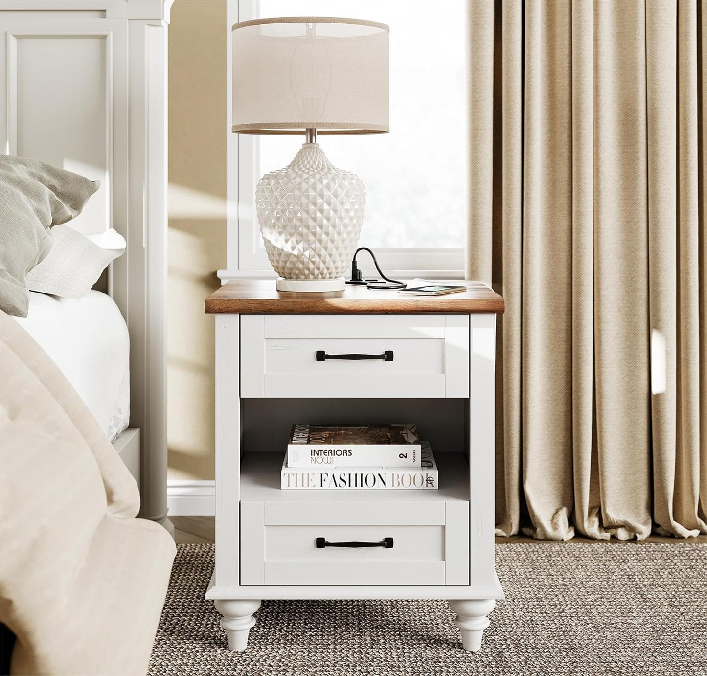 WAMPAT White Side Table with 2 Drawers & Charging Station, Mid Century Nightstand for Bedroom with Power Outlets & USB Ports, Wooden Bedside Table Night Stand with Shelf for Living Room, Antique White