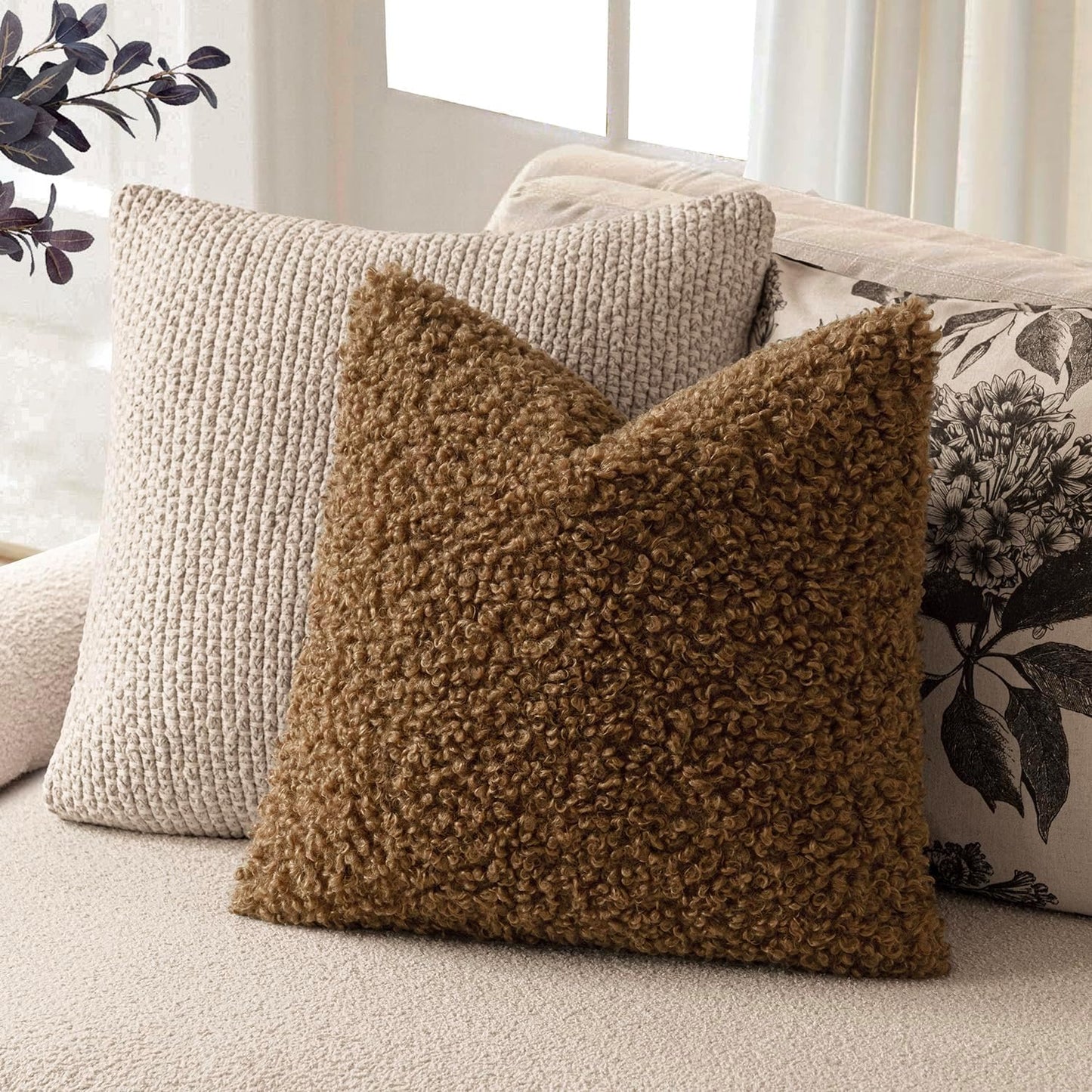 Foindtower 2 Pieces 20x20 Inch Dark Bronze, Faux Fur Throw Pillow Cover Accent Sherpa Furry Pillow Covers Fuzzy Soft Pillowcases Cozy Sheepskin Decorative Fleece Cushion Case for Bed Couch Living Room