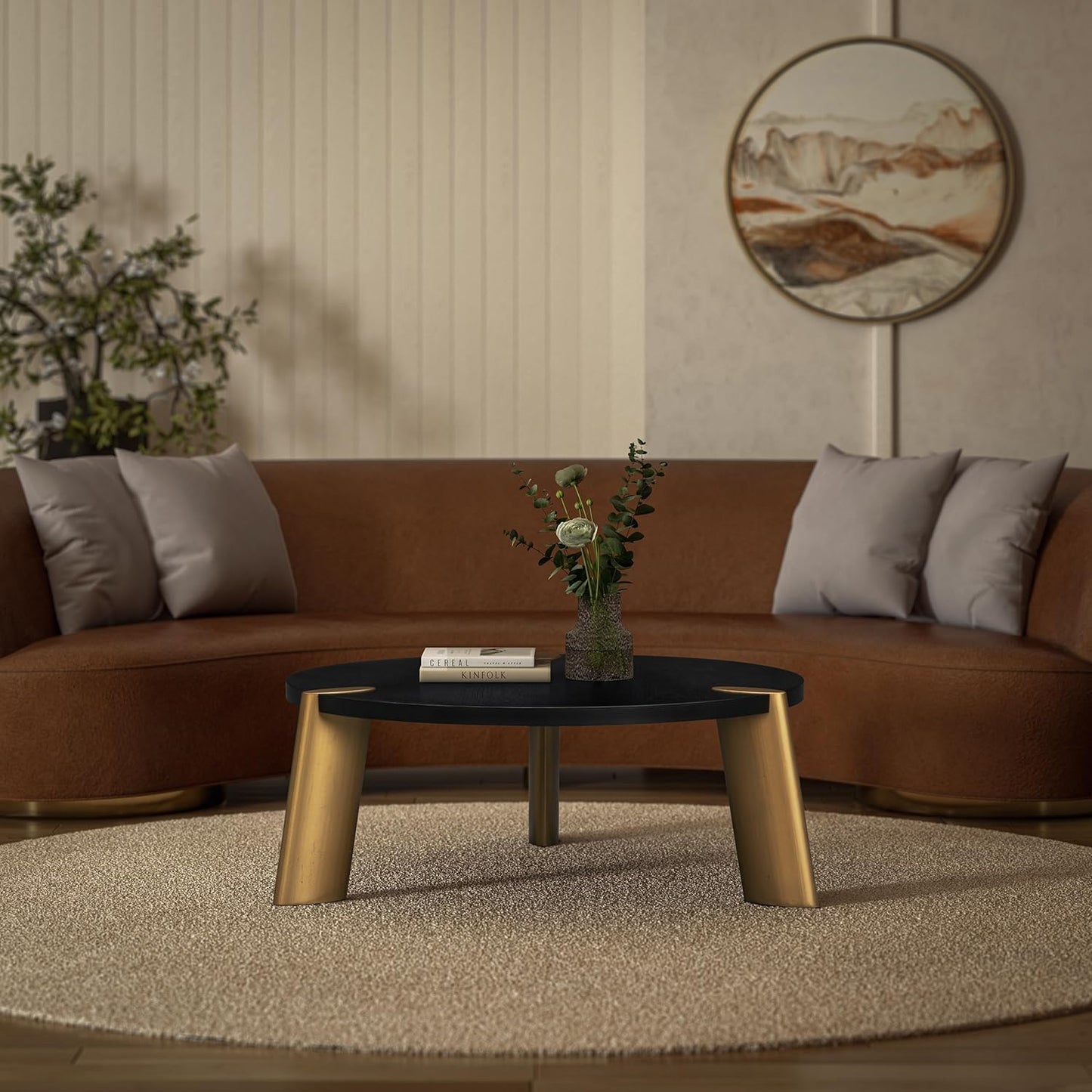 NTC 40 Inch Tribase Boho Wooden Round Coffee Table for Living & Dining Rooms – Waterproof & Heat Resistant, Burnt Black