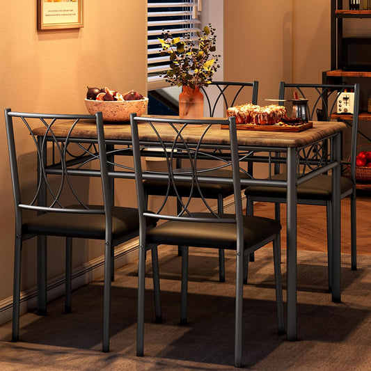 GAOMON Dining Table Set for 4, Rectangle Kitchen Table with 4 Upholstered Chairs Set for 4, 5-Piece Compact Apartment Kitchen & Dining Room Set Furniture for Small Spaces, Space-Saving, Rustic Brown