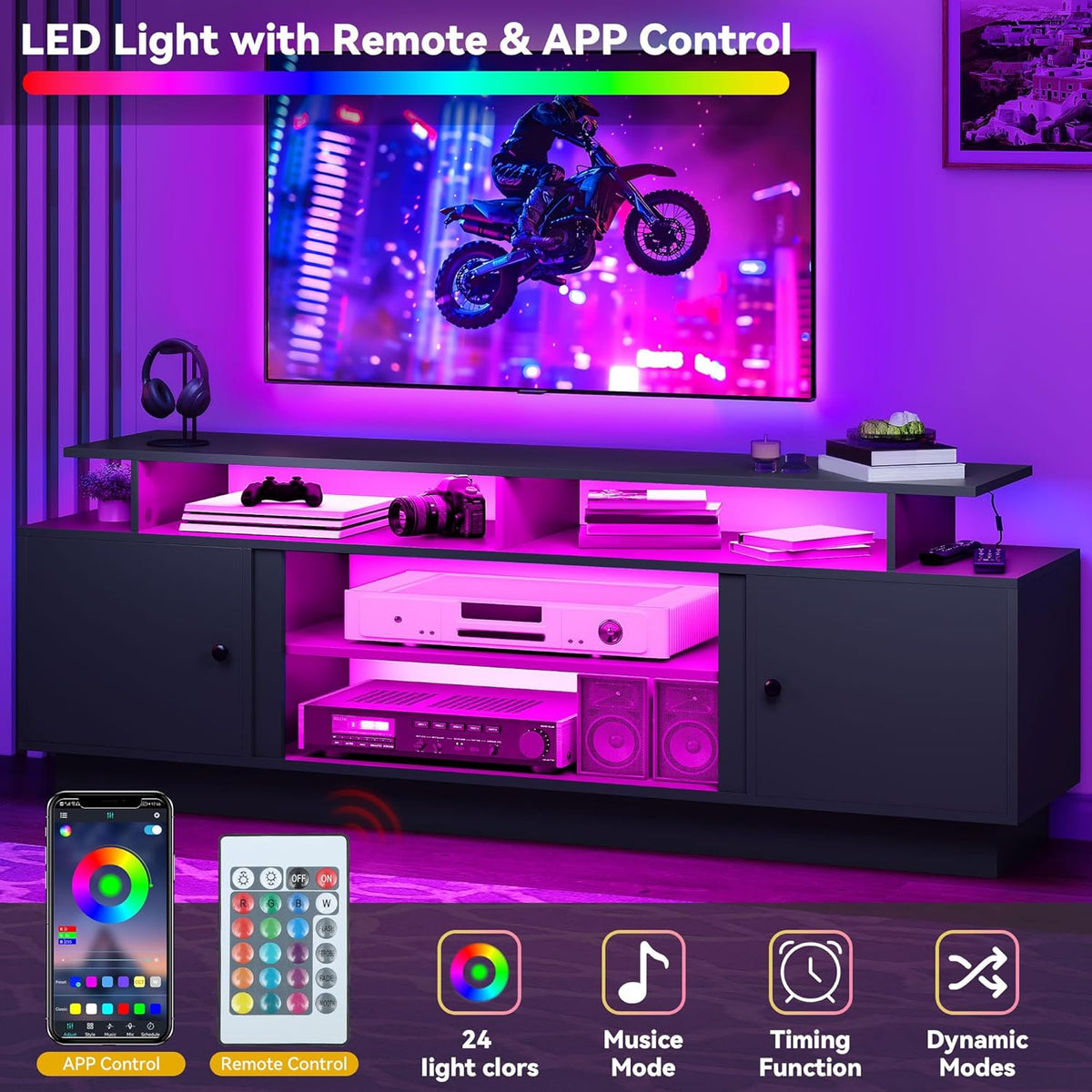 DWVO Modern TV Stand for 65/75 Inch TVs, Entertainment Center with LED Lights, TV Shelf with Storage Cabinets & Movable Partition, TV Console for Living Room, Black