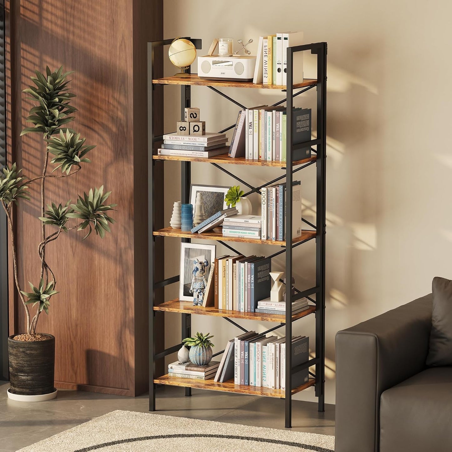 Folding Bookshelf,5 Tier Bookcase Foldable Shelf with X-Bracket Design, Adjustable Feet, Space Saving Storage for Living Room, Office, Rustic Brown