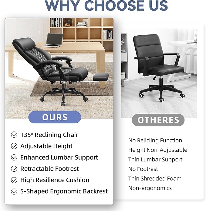 Office Chair, Big and Tall Office Desk Chair, Reclining Office Chair with Footrest Home Office Desk Chairs, High Back Ergonomic with Lumbar Support, Executive Leather