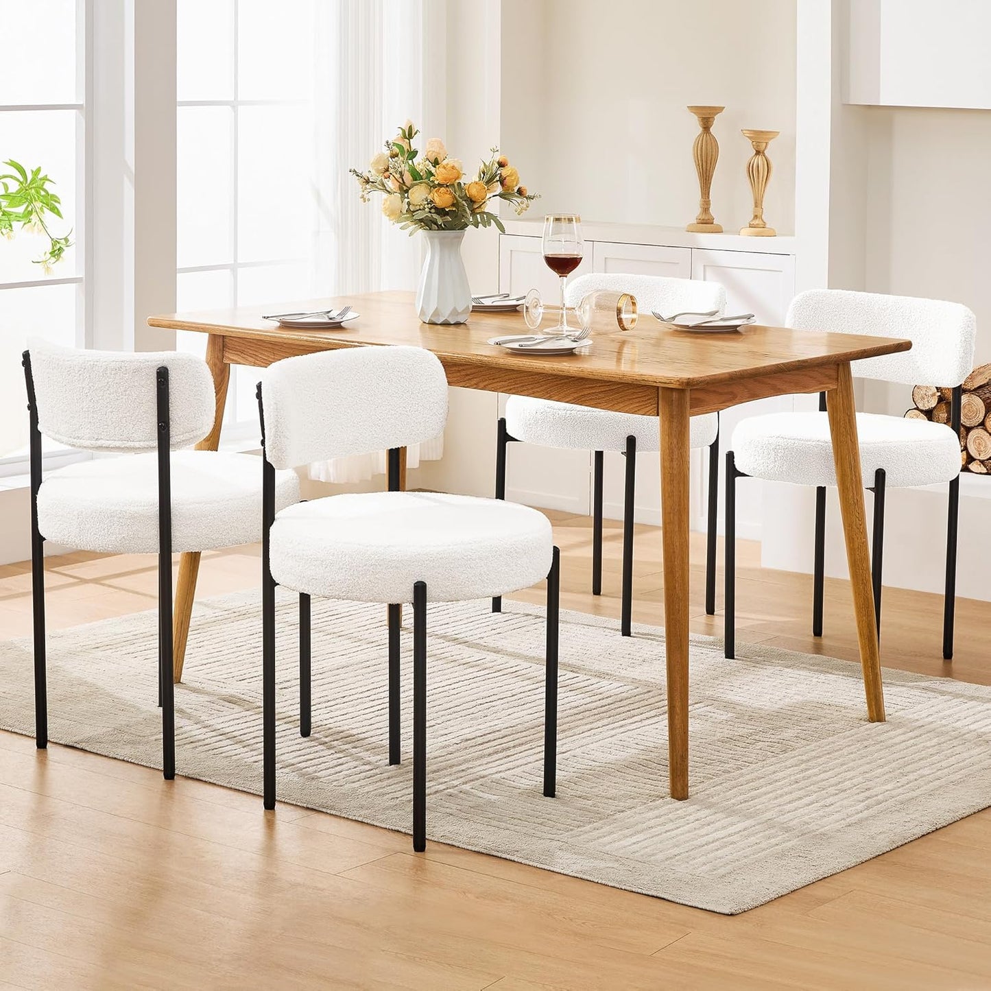 Dining Chairs Set of 2, White Boucle Dining Chair, Curved Backrest Upholstered Dining Room Chairs with Black Metal Legs, Mid Century Modern Dining Chairs for Kitchen, Living Room, White