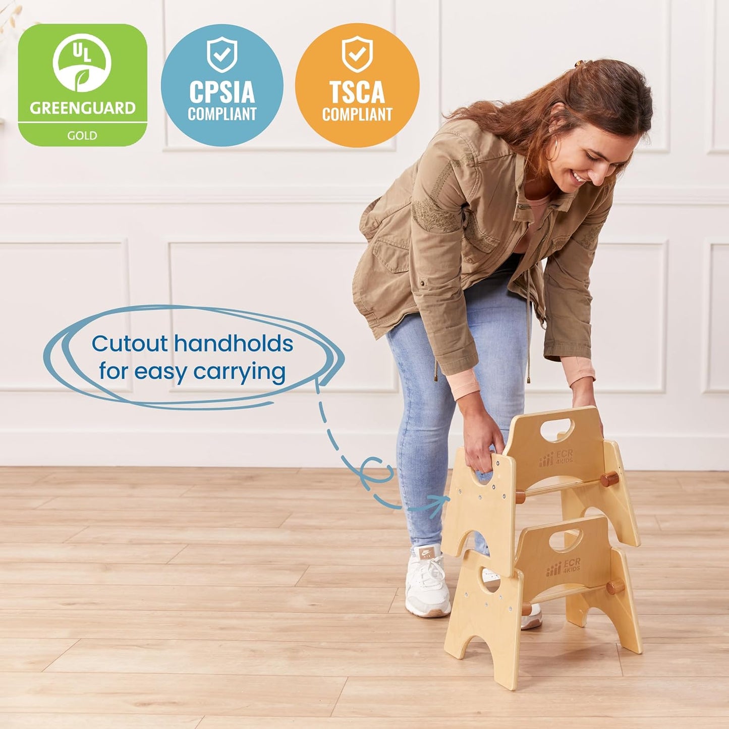 ECR4Kids Stackable Wooden Toddler Chair, 6in, Kids Furniture, Natural, 2-Pack